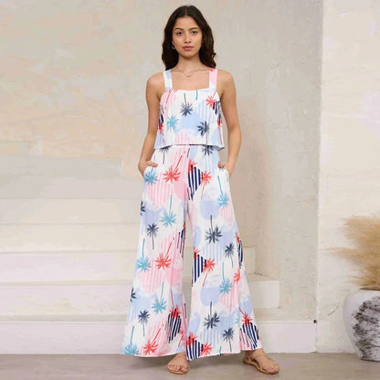 Chic paisley print wide leg jumpsuit with suspender top set for women's streetwear fashion