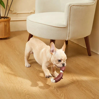 Durable cotton rope and vinyl sausage chew toy for dogs, designed to entertain and promote dental hygiene.