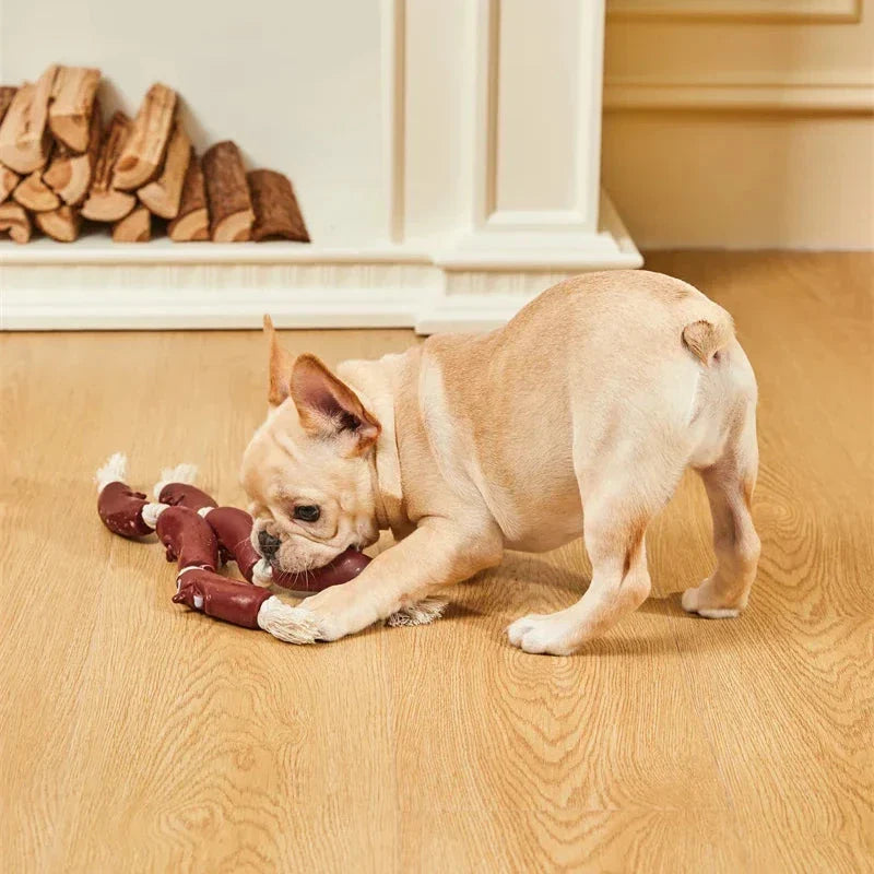 Durable cotton rope and vinyl sausage chew toy for dogs, designed to entertain and promote dental hygiene.