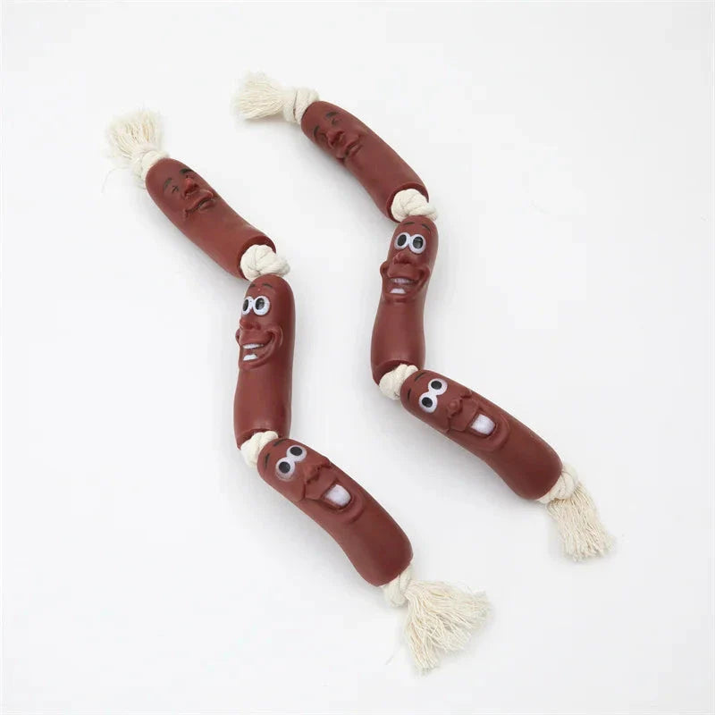 Durable cotton rope and vinyl sausage chew toy for dogs, designed to entertain and promote dental hygiene.