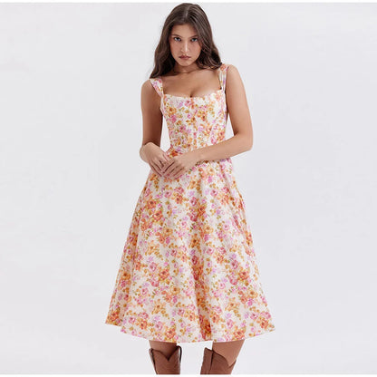 Chic printed spaghetti strap midi dress in green, a sophisticated and alluring design for the modern British woman