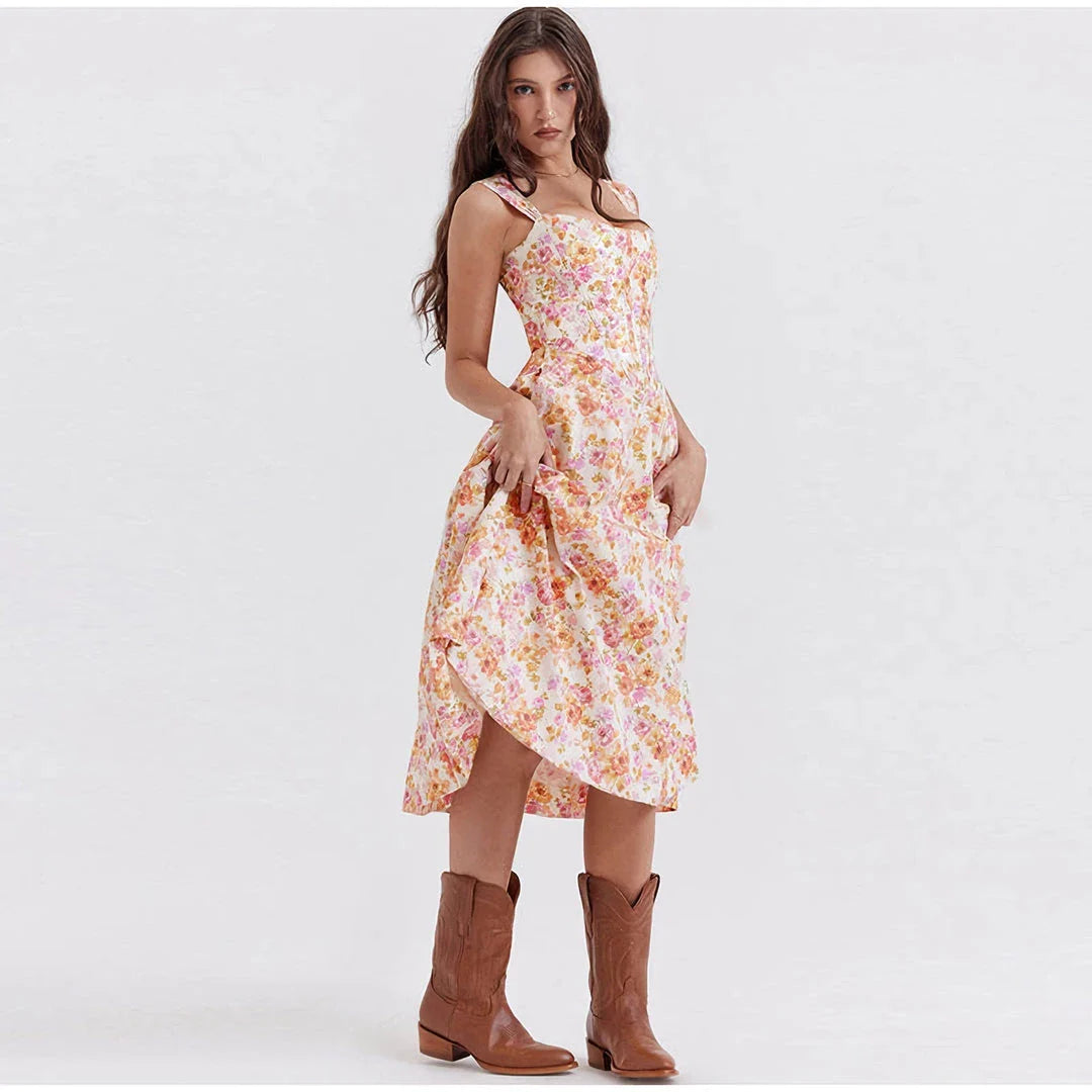 Chic printed spaghetti strap midi dress in green, a sophisticated and alluring design for the modern British woman