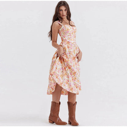 Chic printed spaghetti strap midi dress in green, a sophisticated and alluring design for the modern British woman