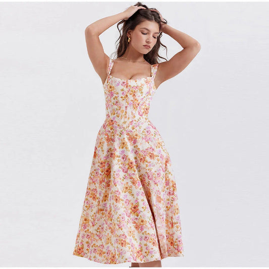 Chic printed spaghetti strap midi dress in green, a sophisticated and alluring design for the modern British woman