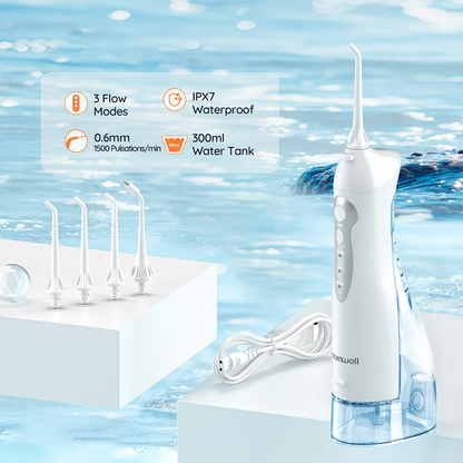A stylish, rechargeable water flosser with four interchangeable nozzles for a personalised and thorough dental cleaning experience.