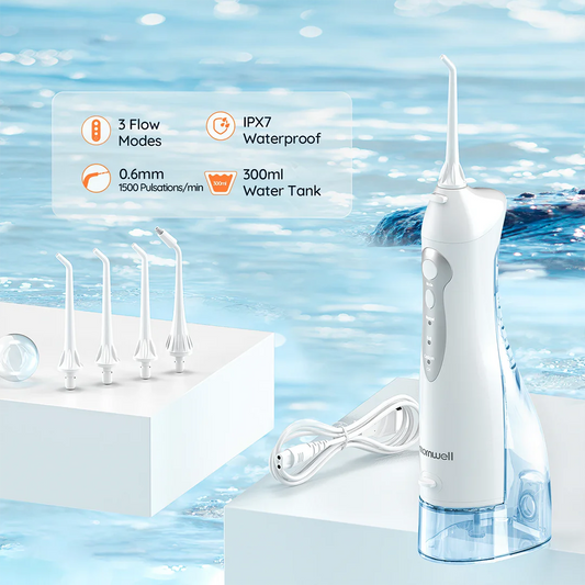 A stylish, rechargeable water flosser with four interchangeable nozzles for a personalised and thorough dental cleaning experience.
