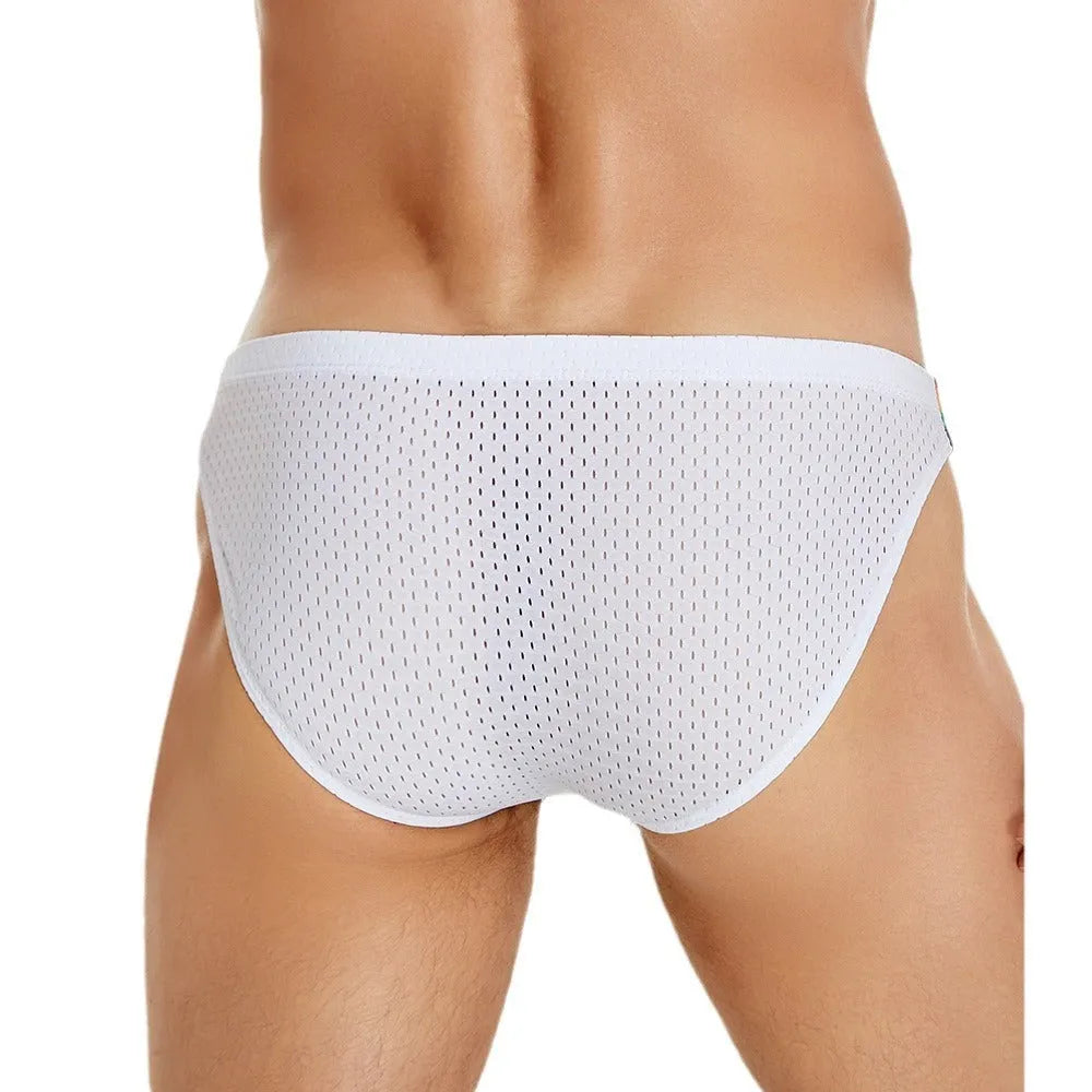Men's black nylon mesh briefs with a low waist and multicoloured rainbow waistband