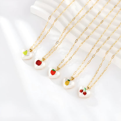 Geometric fruit heart pendant necklace on an adjustable chain, showing strawberry, pineapple, apple, pear, and cherry design options.