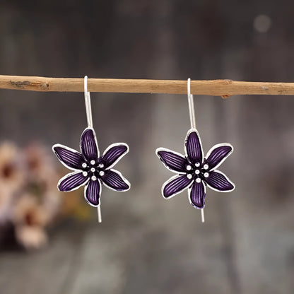 Retro purple flower alloy earrings with electroplated finish, approximately 2cm diameter