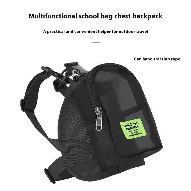 Solid colour dog backpack with breathable mesh panels for pet ventilation.