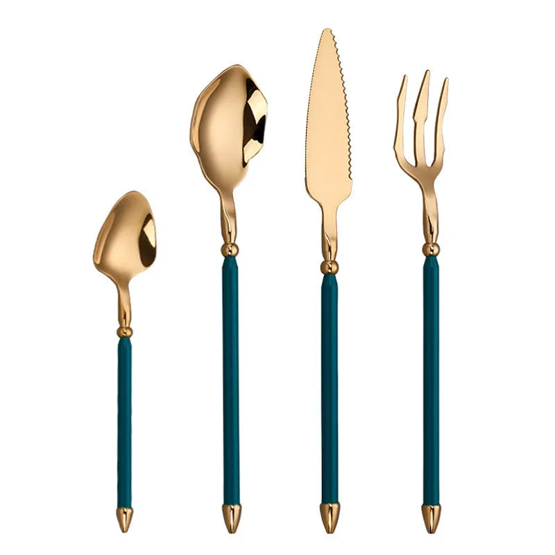 Stainless steel knife, fork, and two spoons set in a choice of seven metallic colour finishes.