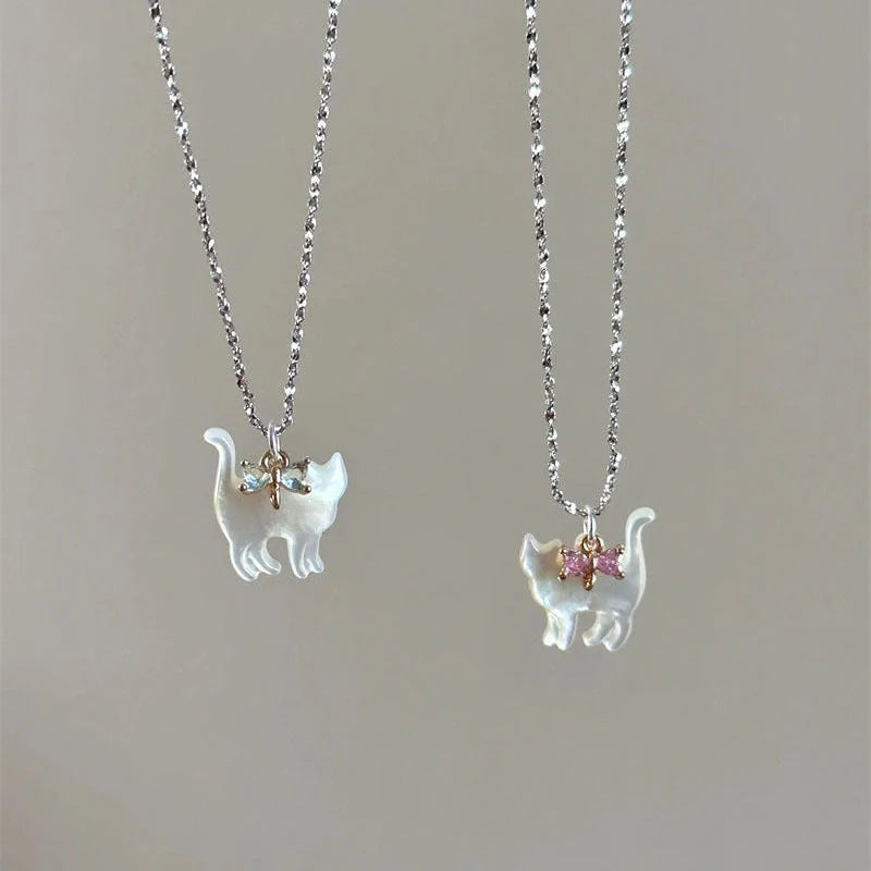 Cute transparent cat rhinestone pendant necklace with silver plated chain