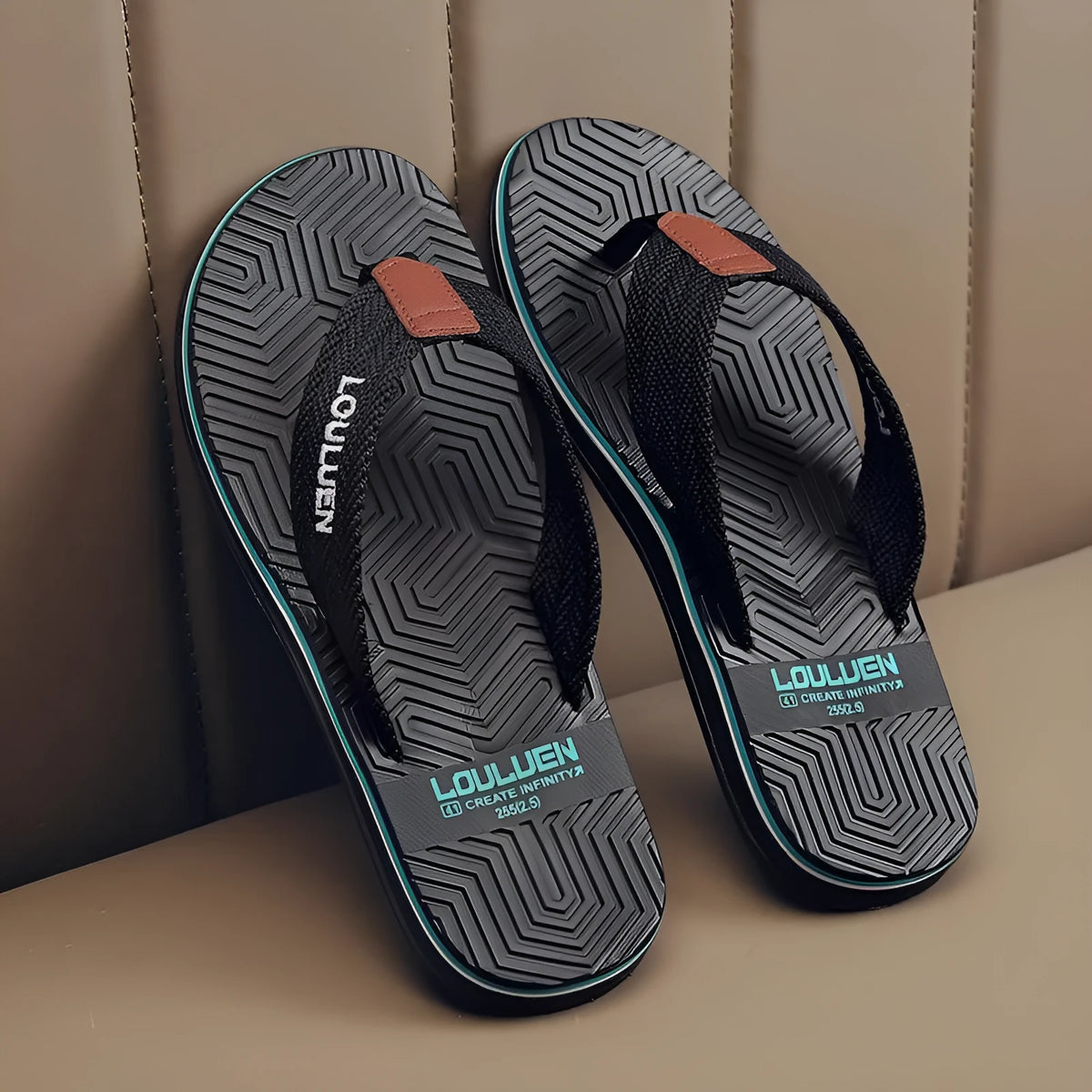 Men's black flip flops with a PVC sole and EVA upper on a plain background.
