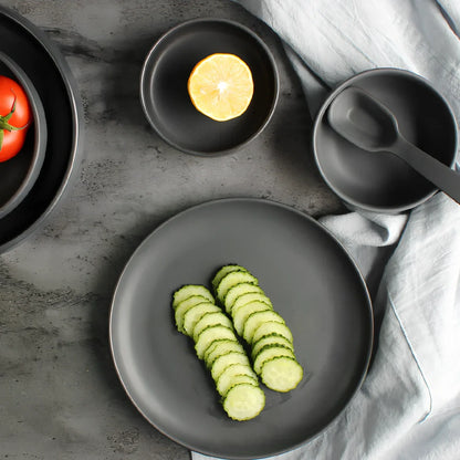 Nordic ceramic tableware set with rice bowl, noodle bowl, flat plate, and soup bowl in matt glaze finish