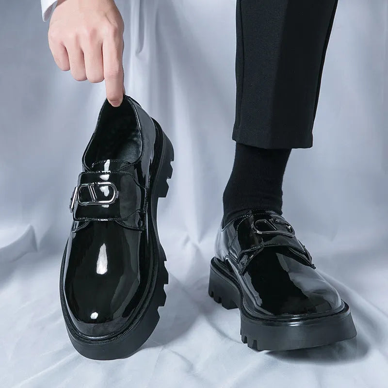 Men's black glossy platform loafers with hidden heel for summer casual wear