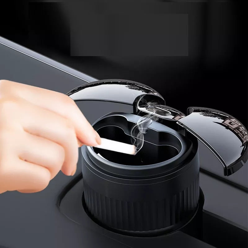 Smart car ashtray with lid and USB Type-C charging port in black, red, silver, brown, and green