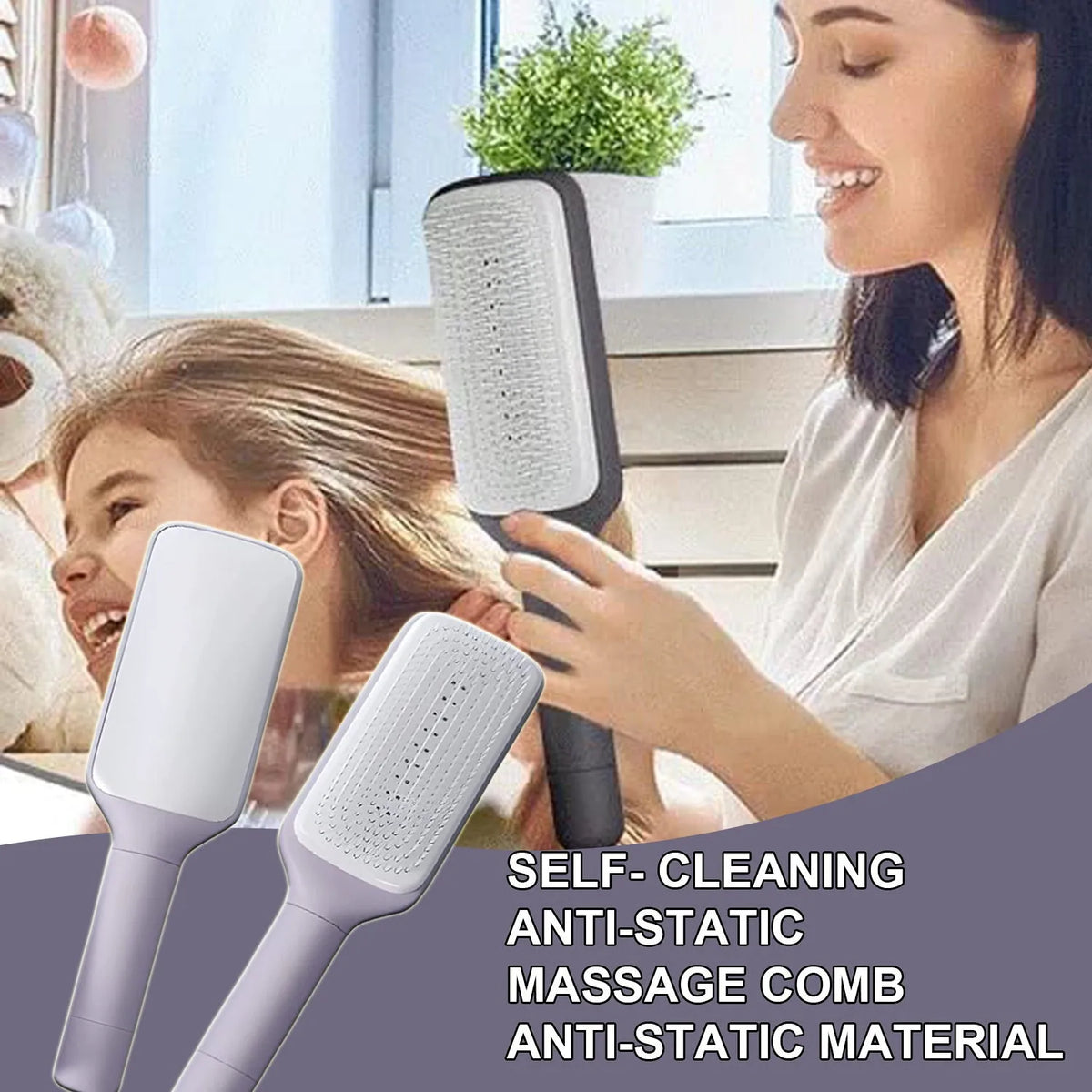 Purple and grey self-cleaning hair brush with rotating handle for easy debris removal