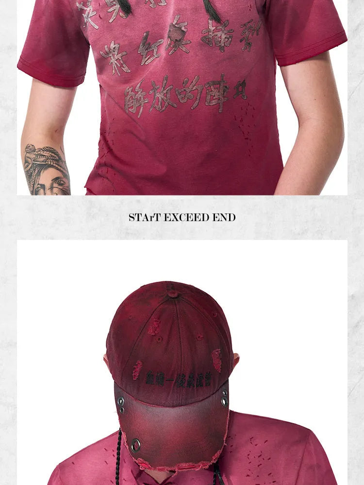 Rose red cotton peaked cap with adjustable strap and curved baseball-style peak
