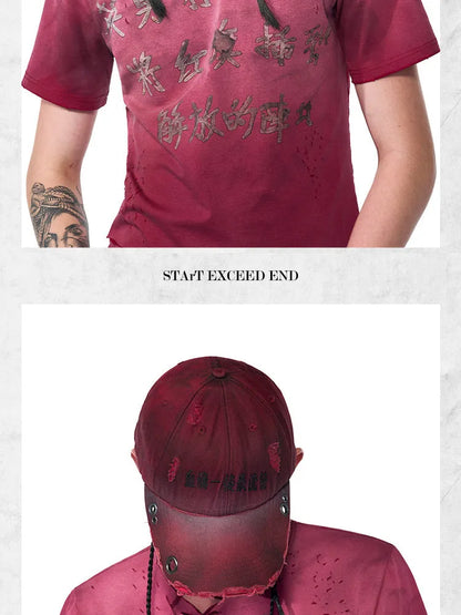 Rose red cotton peaked cap with adjustable strap and curved baseball-style peak