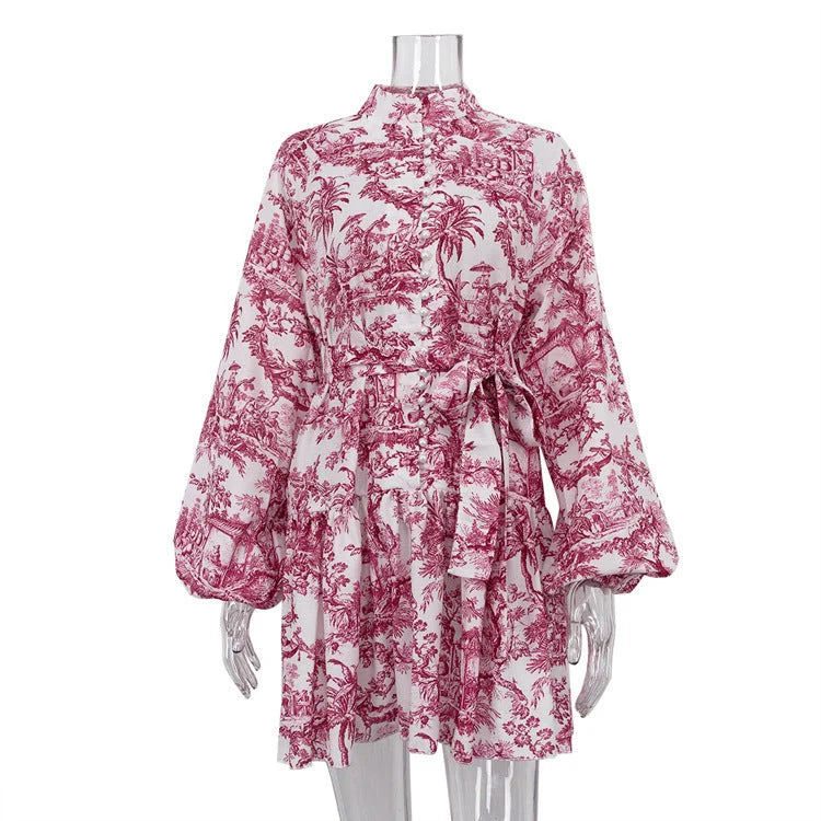 Stylish women's ink print A-line dress with puffy sleeves and lapel tie in various colours