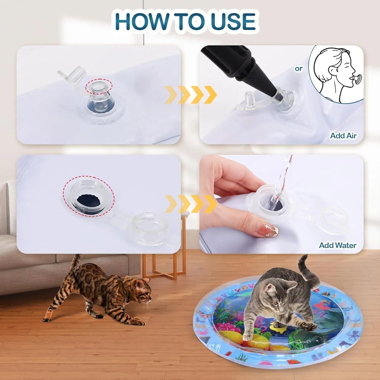 Blue ocean-themed cat water play mat with floating fish toys inside an inflated square border on a wooden floor.