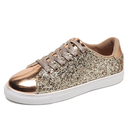 Women's plus size black board shoes with sequined front panel and lace-up closure