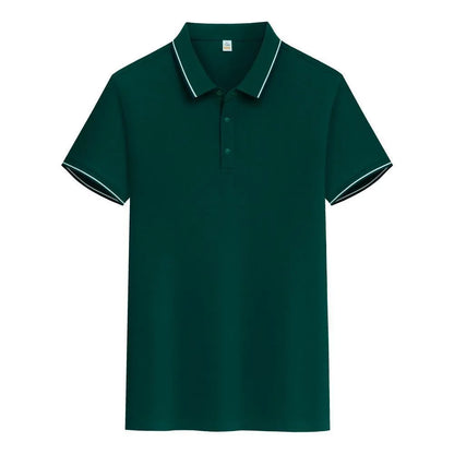 Men's pure cotton short sleeve polo shirt with lapels in a range of colours on a hanger.
