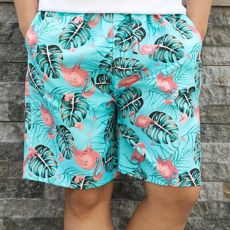 Men's floral patterned swim shorts with five-point cut design