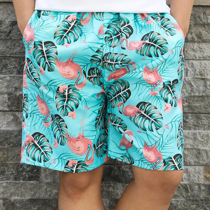 Men's floral patterned swim shorts with five-point cut design