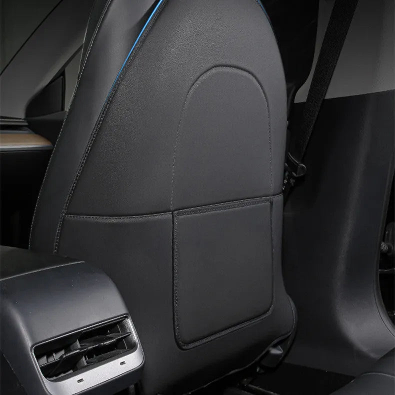 A pair of black leather rear anti kick pads for car seats, shown with dimensions.