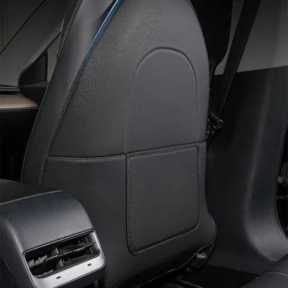 A pair of black leather rear anti kick pads for car seats, shown with dimensions.