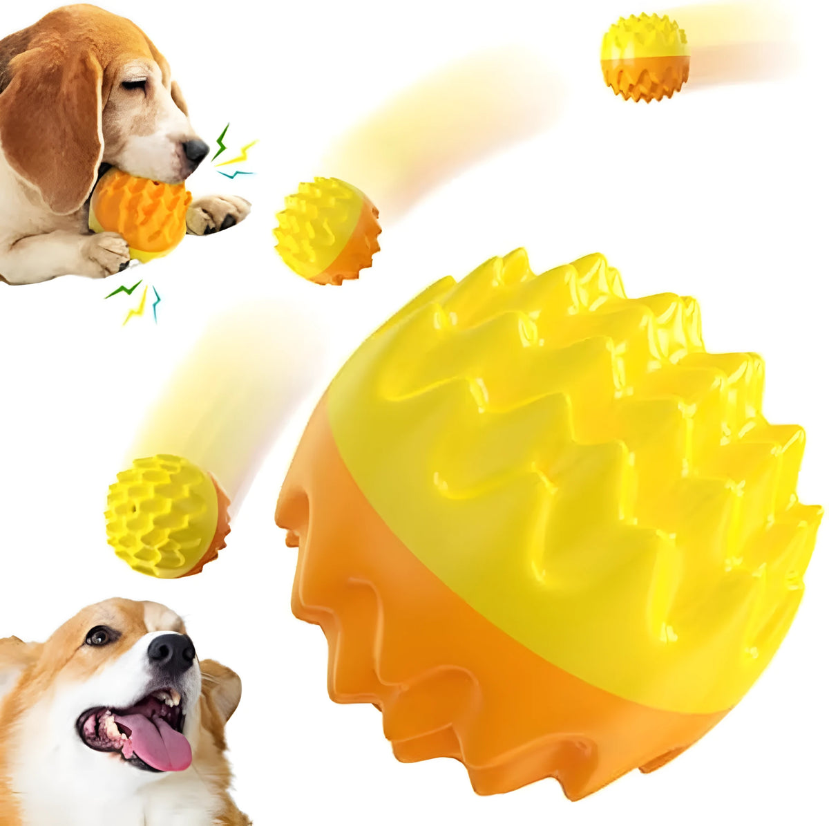 Blue and orange spiky rubber dog ball with squeaker for teeth cleaning and water fetch.