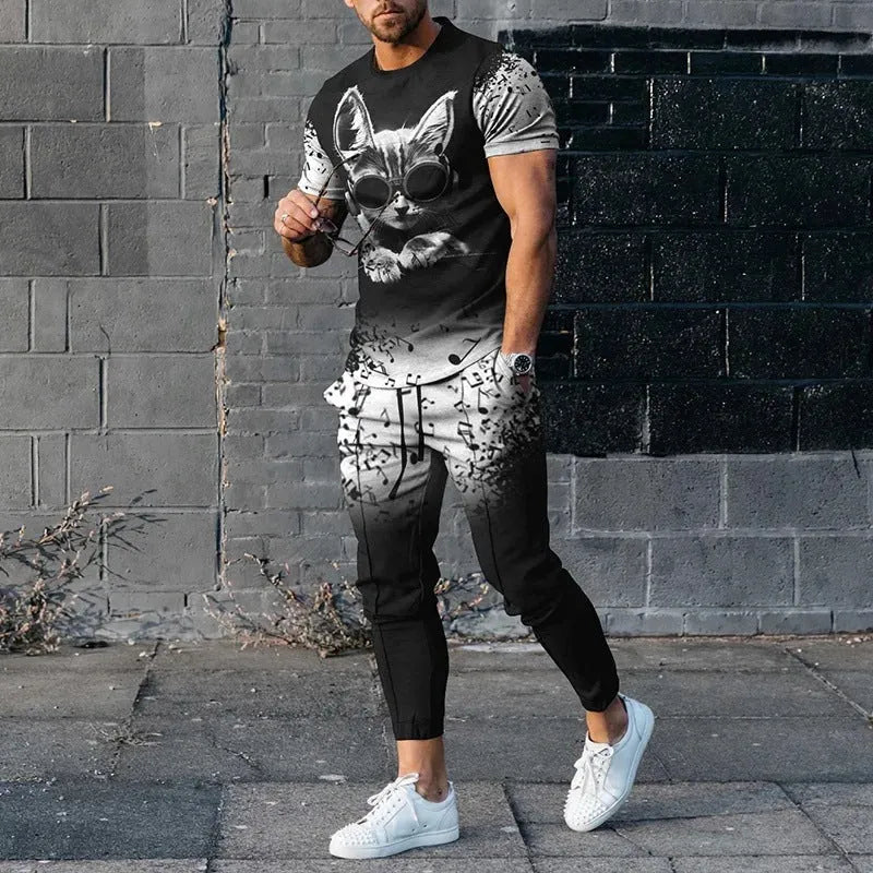 Men's printed short-sleeved pullover and trousers set in polyester blend fabric