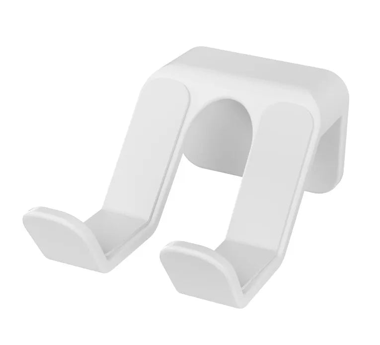 Black ABS plastic universal wall hanging rack for game controllers with adhesive pad and screws.