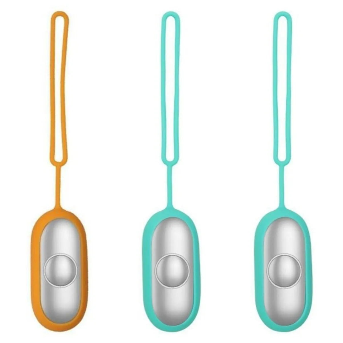 Hand-held micro-current sleep aid device in grey, green, or orange with round button and USB charging port