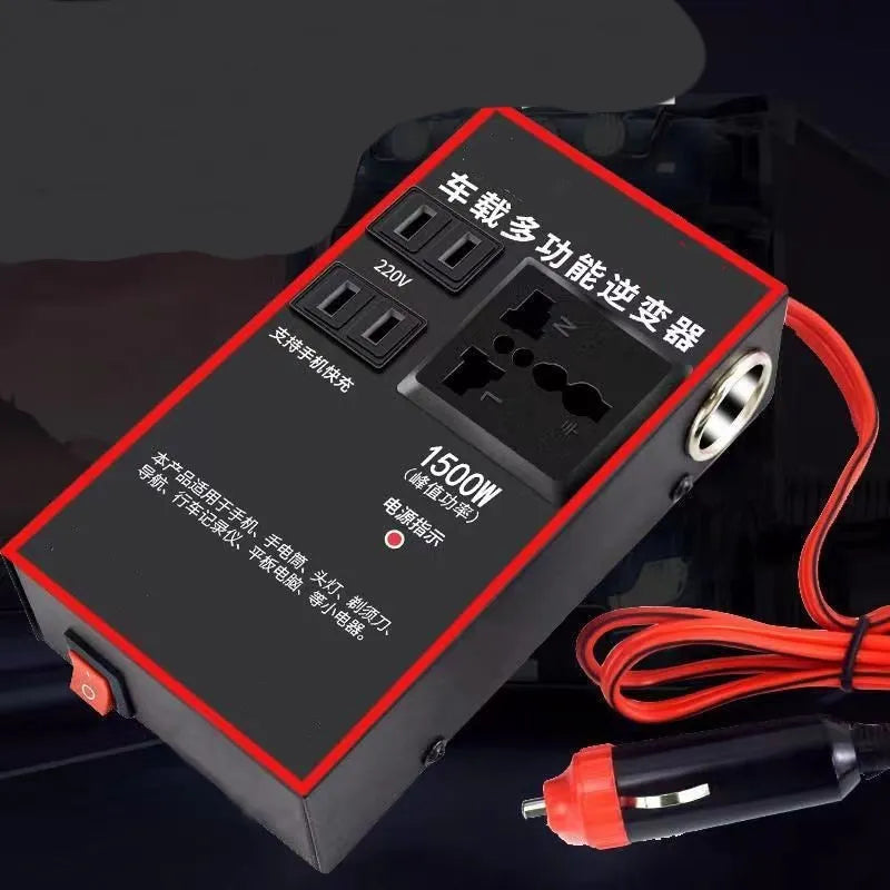 Black automotive power converter with 220v socket and 4 USB charging ports