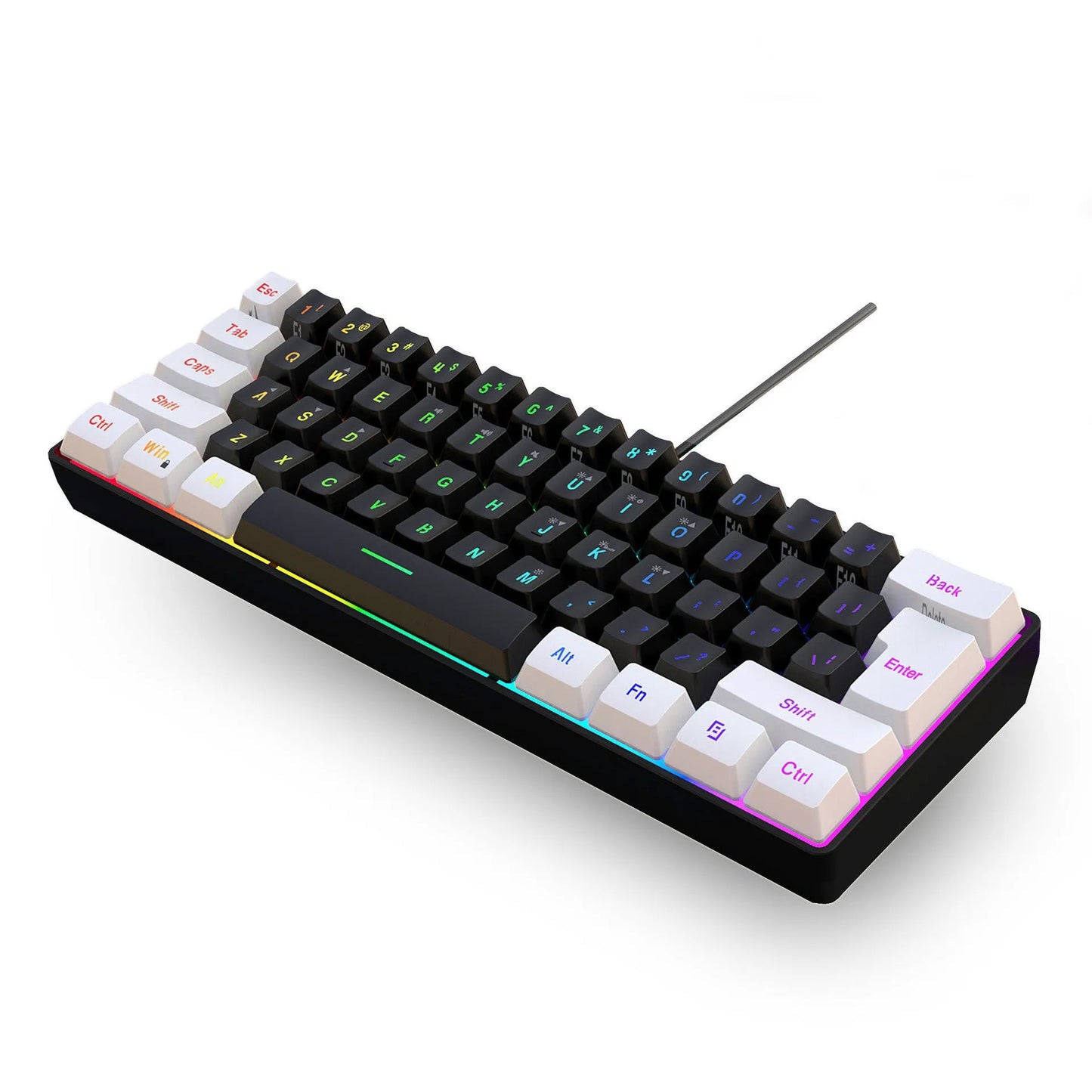 61-key wired membrane keyboard in white and black colour scheme with compact design