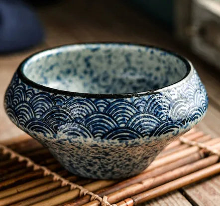 Ceramic tall bowl with Edo pattern, 15cm height, microwave-safe porcelain for soups and noodles