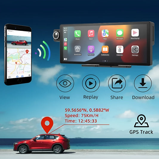 Black 9 inch CarPlay driving recorder with capacitive touch screen and 64G memory card, shown with optional rear lens.