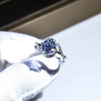 Silver adjustable open mouth women's ring with 8mm synthetic moissanite angel eyes and geometric texture