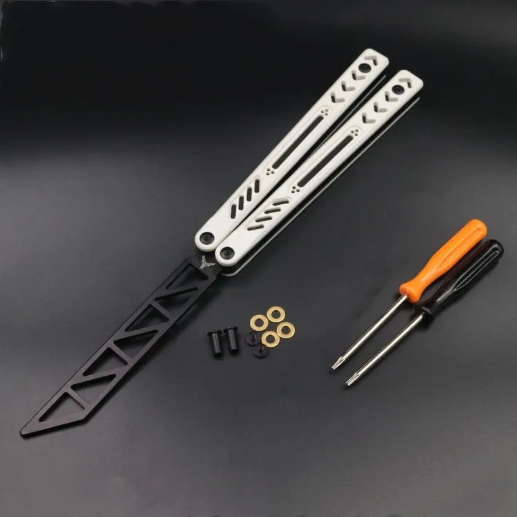 Unbladed butterfly knife trainer with aluminium handle and black G10 non-slip patches