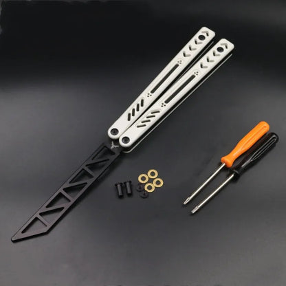 Unbladed butterfly knife trainer with aluminium handle and black G10 non-slip patches