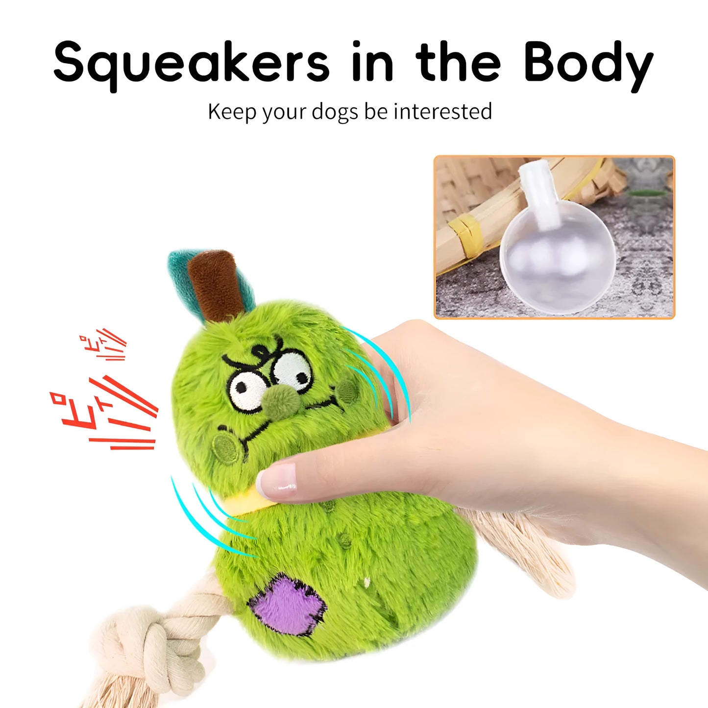 Green and purple plush dog toy with a central rope knot for tugging and chewing.