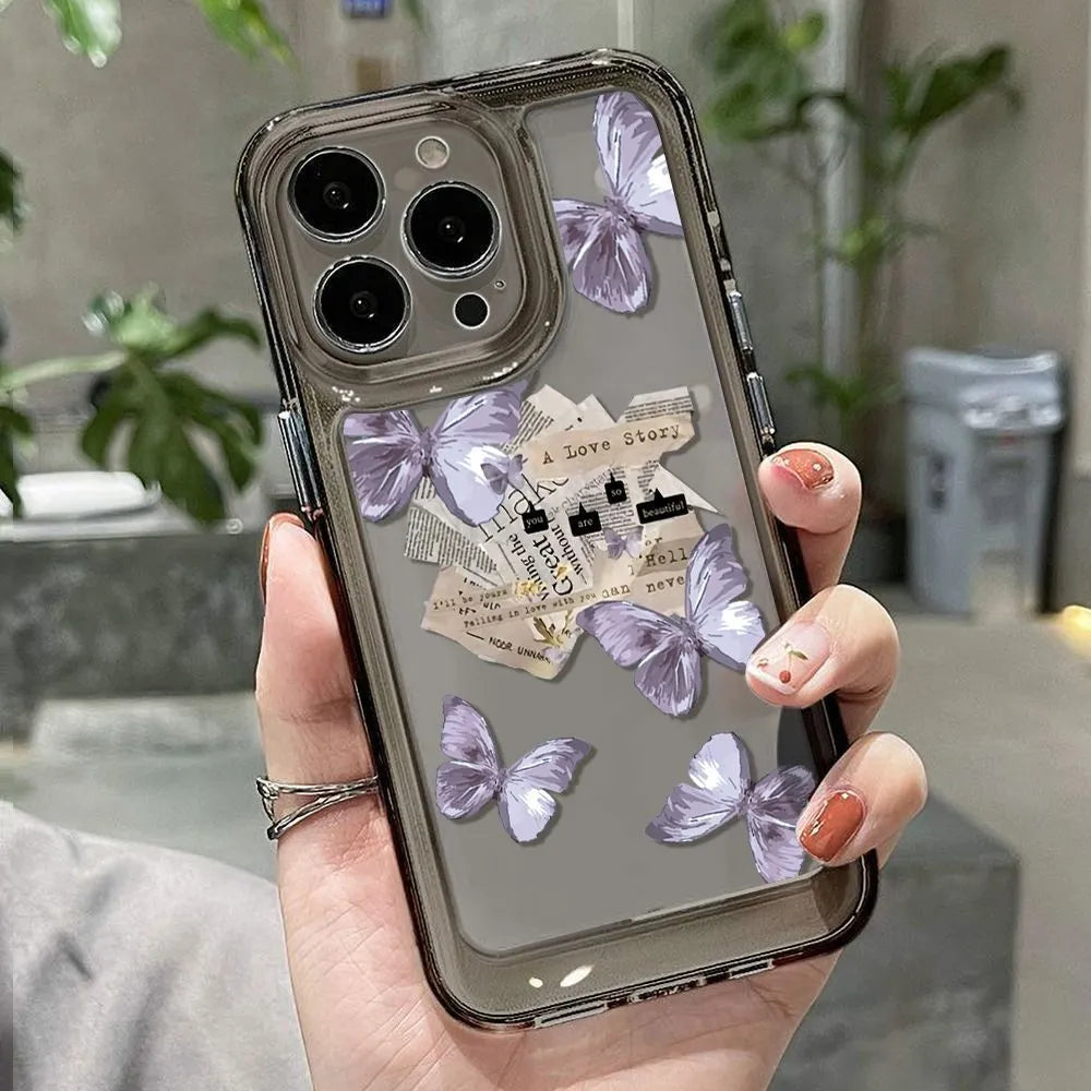 Purple butterfly TPU iPhone case in transparent black or white with lens fine hole and soft shell