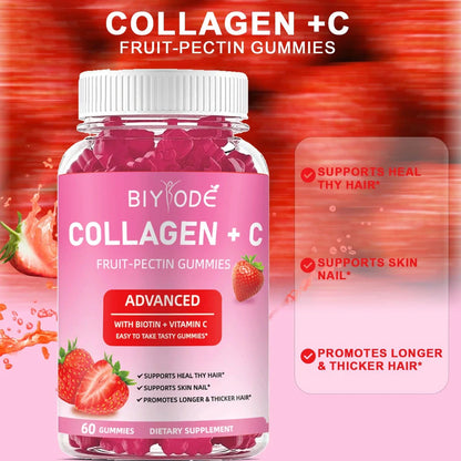 Bottle of 60 vitamin C biotin collagen gummies for women with 10mg collagen per piece