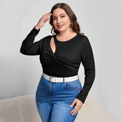 Black women's long-sleeved top with hollow-out design detail, slim fit with 3D cutting