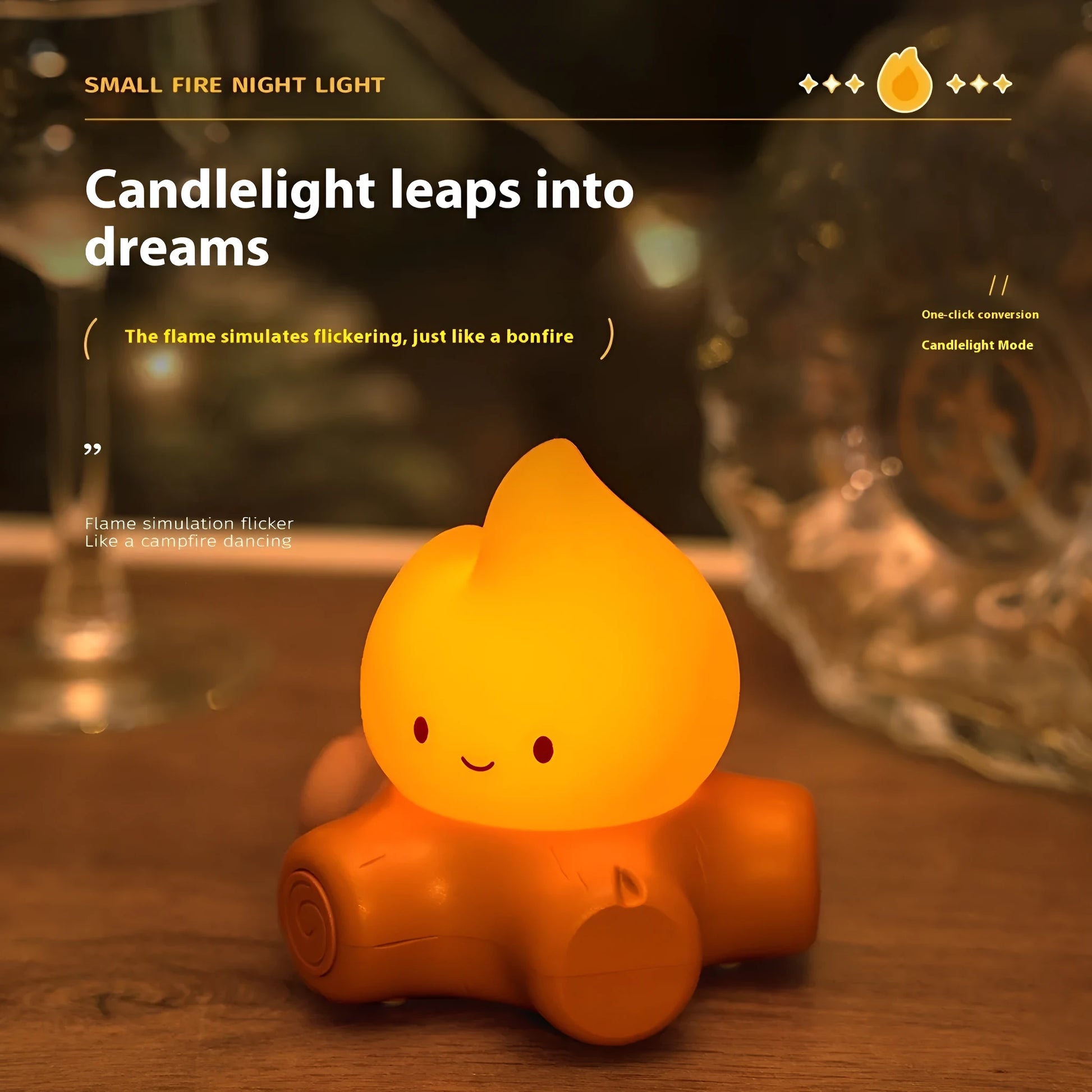 Small cartoon style night lamp with silicone fire pile design and ABS shade