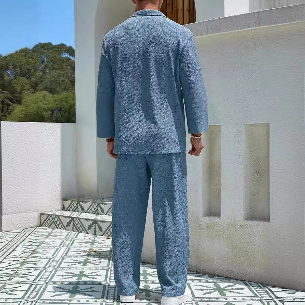 Men's casual shirt trousers commuter suit in lake blue colour with polyester fabric for autumn wear.
