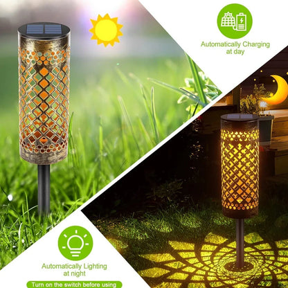 Geometric iron solar-powered lawn lamp with warm light, IP65 waterproof for courtyard garden decor