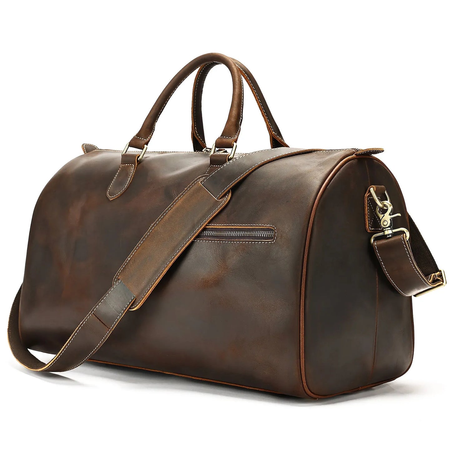 Men's vintage-style genuine leather crossbody bag in black, shown with spacious main compartment.
